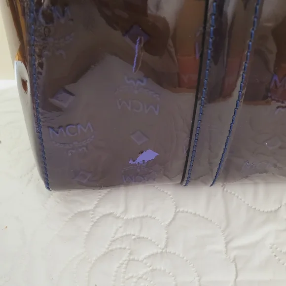 MCM Patent Embossed Satchel Crossbody Bag Ombre Brown Blue Purple - Picture 10 of 16